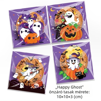 Öntapadós OPP csomagoló tasakok sütemények és édességek Halloween mintákkal — Happy Ghost 4-in-1, Pumpkin Cat 4-in-1, Happy Castle 4-in-1