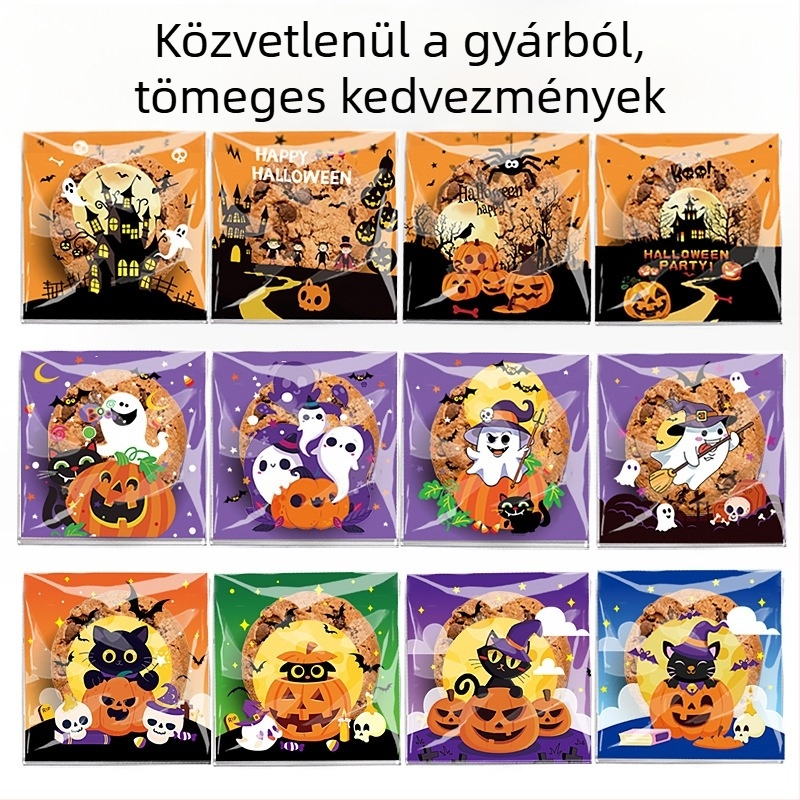 Öntapadós OPP csomagoló tasakok sütemények és édességek Halloween mintákkal — Happy Ghost 4-in-1, Pumpkin Cat 4-in-1, Happy Castle 4-in-1