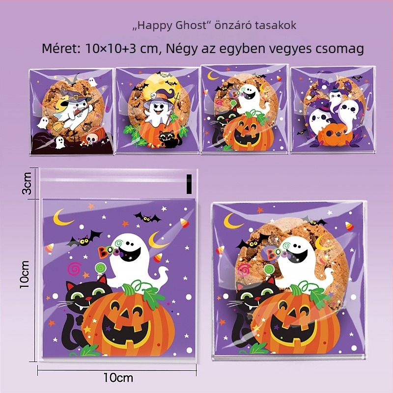 Öntapadós OPP csomagoló tasakok sütemények és édességek Halloween mintákkal — Happy Ghost 4-in-1, Pumpkin Cat 4-in-1, Happy Castle 4-in-1
