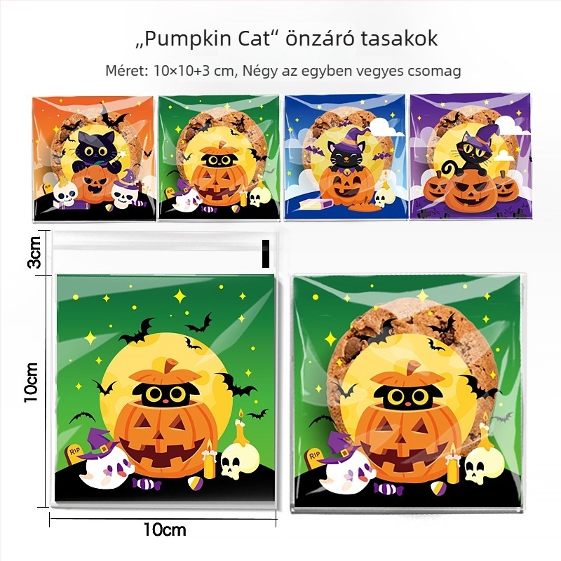 Öntapadós OPP csomagoló tasakok sütemények és édességek Halloween mintákkal — Happy Ghost 4-in-1, Pumpkin Cat 4-in-1, Happy Castle 4-in-1