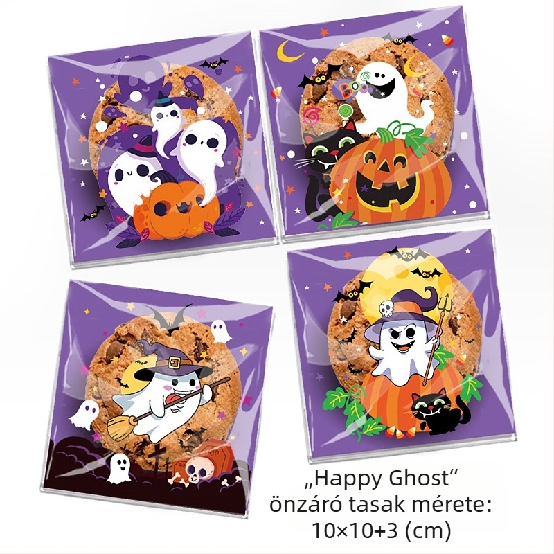 Öntapadós OPP csomagoló tasakok sütemények és édességek Halloween mintákkal — Happy Ghost 4-in-1, Pumpkin Cat 4-in-1, Happy Castle 4-in-1