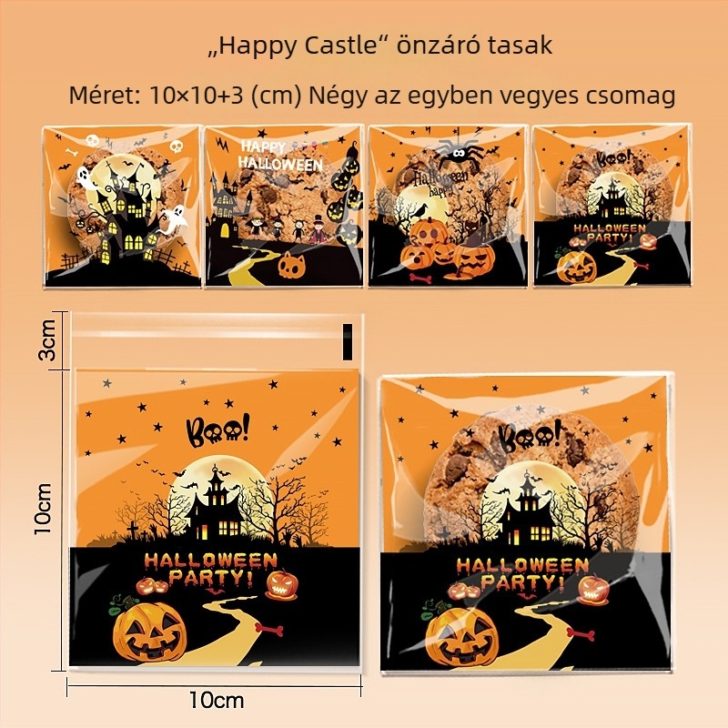 Öntapadós OPP csomagoló tasakok sütemények és édességek Halloween mintákkal — Happy Ghost 4-in-1, Pumpkin Cat 4-in-1, Happy Castle 4-in-1