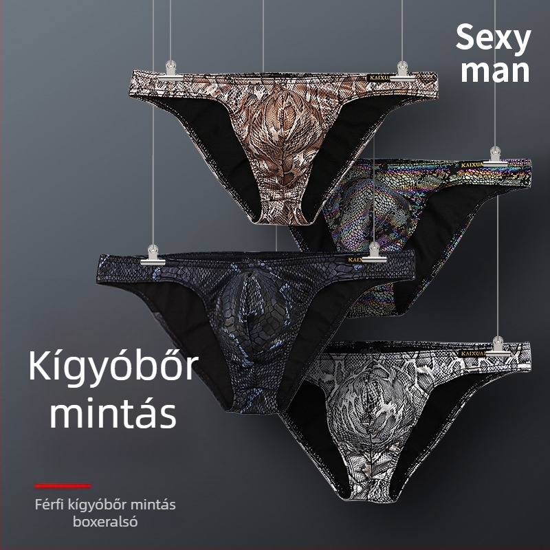 Férfi alacsony derekú briefek kígyóbőr mintázattal, poliészter, U-formájú zsebbel
