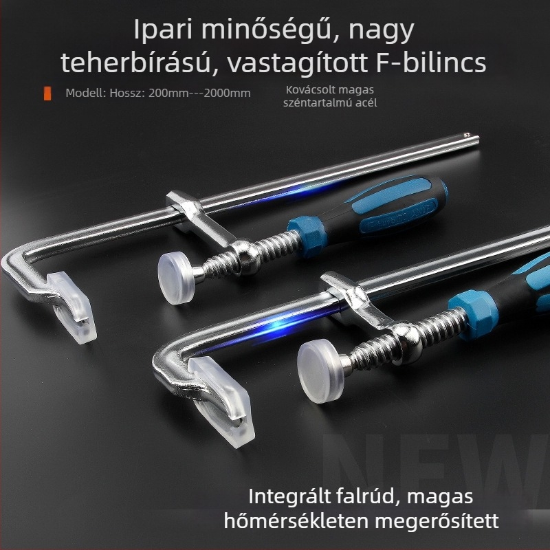 Masszív F‑formájú szorító rögzítő mechanizmussal, G‑alakú gyorsszorító deszkákhoz, panelekhez és formákhoz
