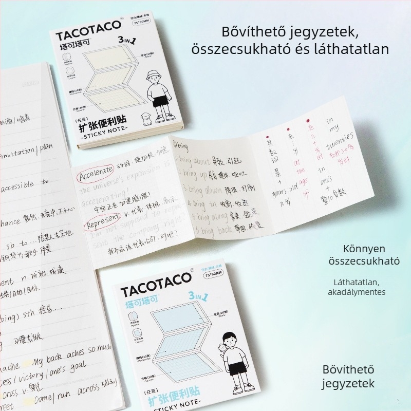 Maihe Taco Taco 3-in-1 ragasztós jegyzetfüzet iskolásoknak, 60 oldal