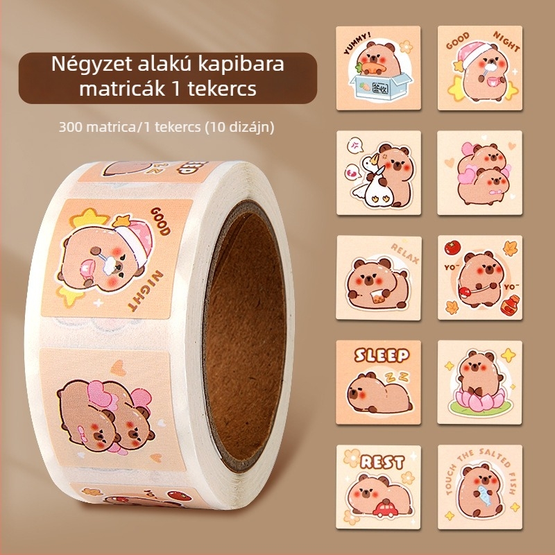 Capybara matricák — erős tapadású, ragasztónyom nélkül, gyerekek iskolai füzetéhez; jutalmazó és bátorító matricák.