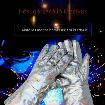 Alumíniumfóliás hőálló kesztyű, hőszigetelés, lángállóság, sugárzás elleni védelem, vastagított ötujjas ipari kesztyű