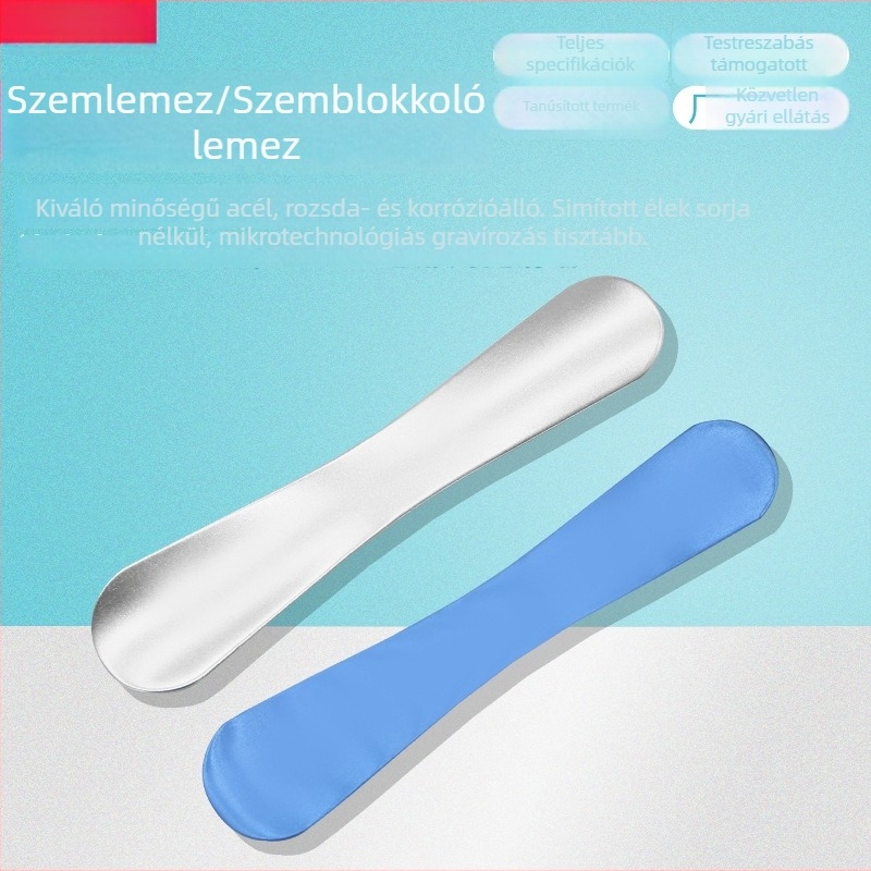 Rozsdamentes acél szemhéjvédő lemez kettős szemhéj műtéthez; szemészeti eszköz a szemhéj stabilizálására, szemöblítésre és eyeliner felvitelére.
