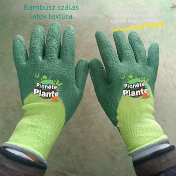 Bambusz rostból készült latex bevonat kesztyű, relief mintázatú, tű- és vízálló, kertészkedéshez és virágápoláshoz