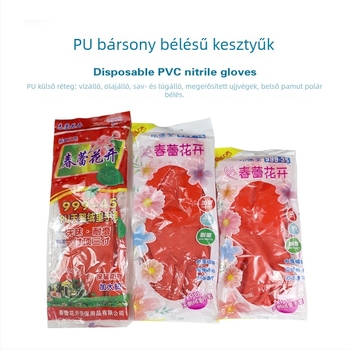 PU velúr bélésű, csúszásmentes gumikesztyűk vastag kivitelben, otthoni takarításhoz és mosogatáshoz; munkavédelmi kesztyű, vegyi ellenálló