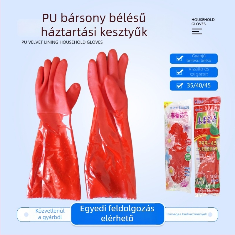 PU velúr bélésű, csúszásmentes gumikesztyűk vastag kivitelben, otthoni takarításhoz és mosogatáshoz; munkavédelmi kesztyű, vegyi ellenálló
