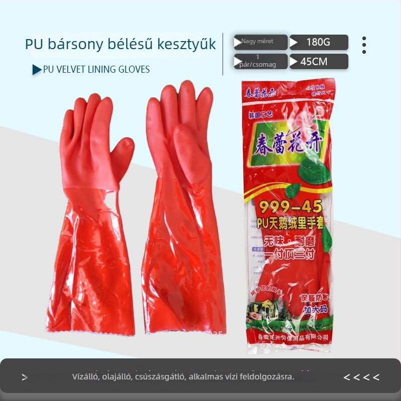 PU velúr bélésű, csúszásmentes gumikesztyűk vastag kivitelben, otthoni takarításhoz és mosogatáshoz; munkavédelmi kesztyű, vegyi ellenálló