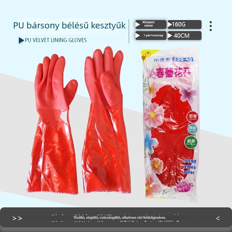 PU velúr bélésű, csúszásmentes gumikesztyűk vastag kivitelben, otthoni takarításhoz és mosogatáshoz; munkavédelmi kesztyű, vegyi ellenálló