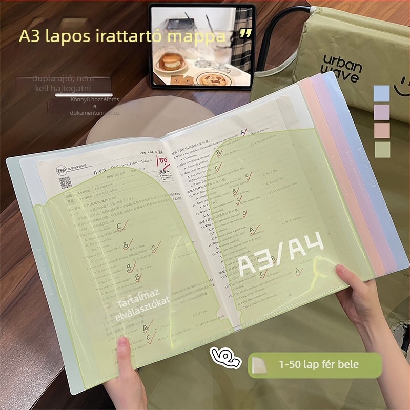 A3-as méretű nagy kapacitású mappa dokumentumokhoz és fotóalbumhoz, többszintű rendszerezés és tárolás, szervező diák dolgozataihoz