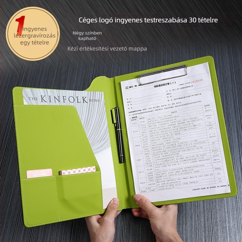 Bőr A4-es üzleti információs könyv, multifunkciós fájlmappa, írópaddal és táblaklippel