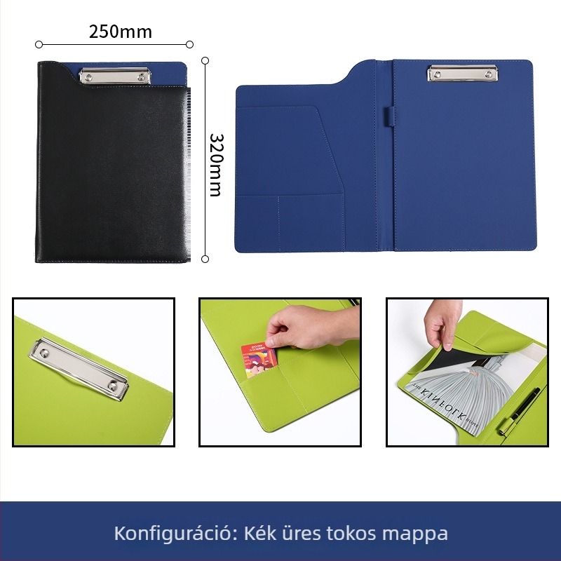 Bőr A4-es üzleti információs könyv, multifunkciós fájlmappa, írópaddal és táblaklippel