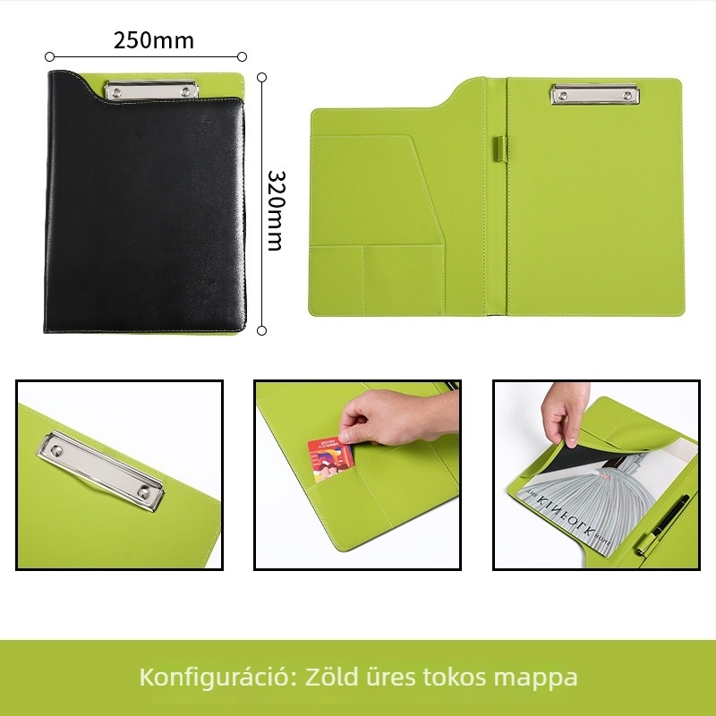 Bőr A4-es üzleti információs könyv, multifunkciós fájlmappa, írópaddal és táblaklippel
