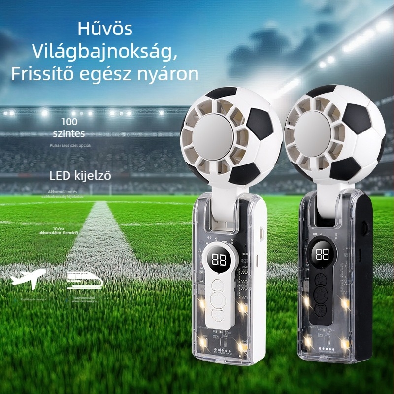Mini USB-s világbajnoksági fociventilátor jéghűtéssel, hordozható, összecsukható asztali kézi ventilátor, 5 lapát, brushless motor, beépített akkumulátor 2000–4000 mAh, üzemidő 8–12 óra