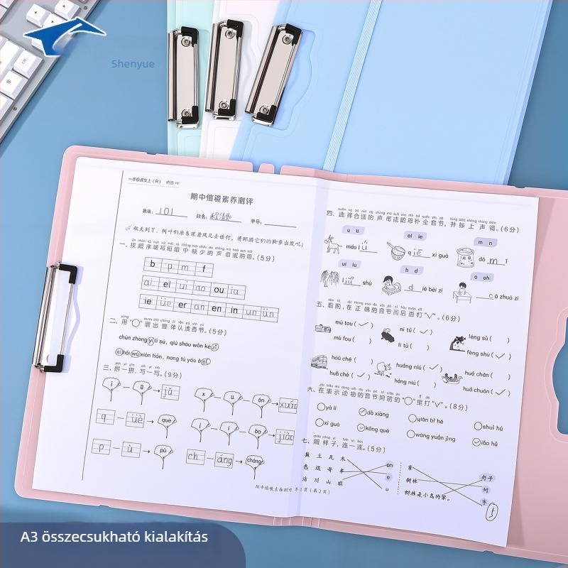 A3 méretű, nagy kapacitású dokumentum mappa, egy erős klippel, vízszintes írófelülettel és fájl rendezővel