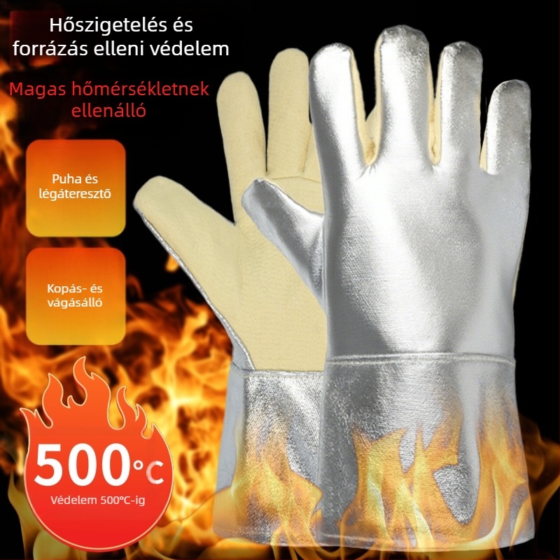 Alumíniumfóliás hőálló kesztyűk hőszigeteléssel, hegesztéshez és grillezéshez, kopásálló aramid kesztyűk 500°C-ig