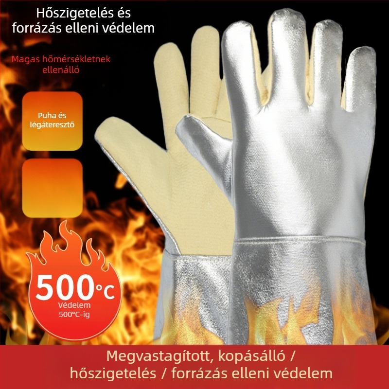 Alumíniumfóliás hőálló kesztyűk hőszigeteléssel, hegesztéshez és grillezéshez, kopásálló aramid kesztyűk 500°C-ig