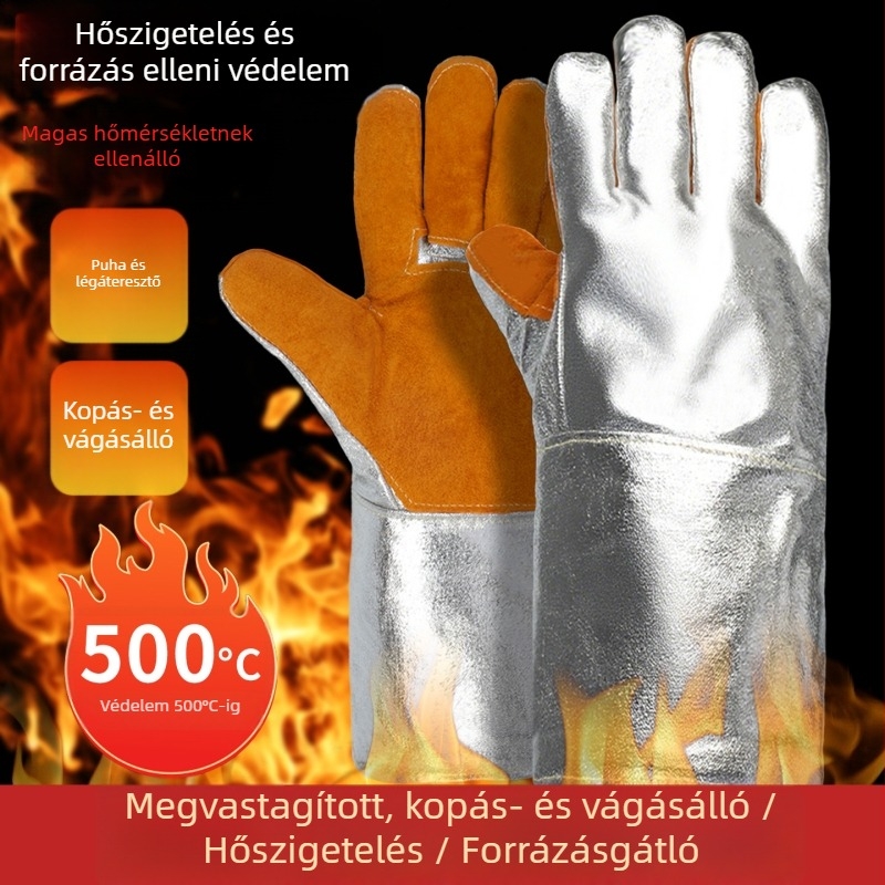 Alumíniumfóliás hőálló kesztyűk hőszigeteléssel, hegesztéshez és grillezéshez, kopásálló aramid kesztyűk 500°C-ig