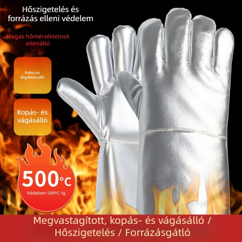 Alumíniumfóliás hőálló kesztyűk hőszigeteléssel, hegesztéshez és grillezéshez, kopásálló aramid kesztyűk 500°C-ig