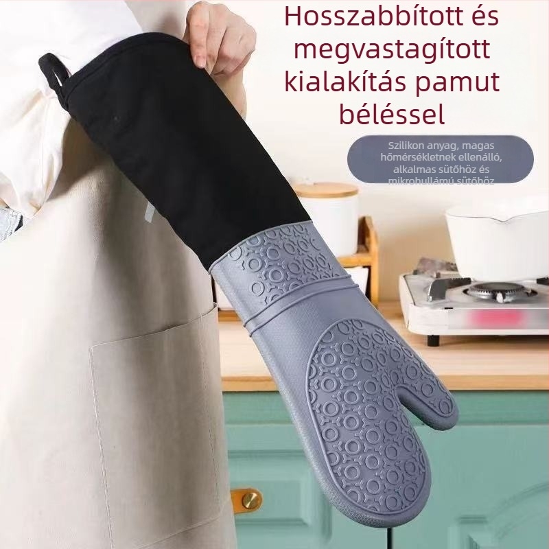 Vászon-szilícium hőálló kesztyű 500°C-ig, vízálló, szigetelt, csúszásmentes, hosszú, vastagított védelemmel az égési sérülések ellen.