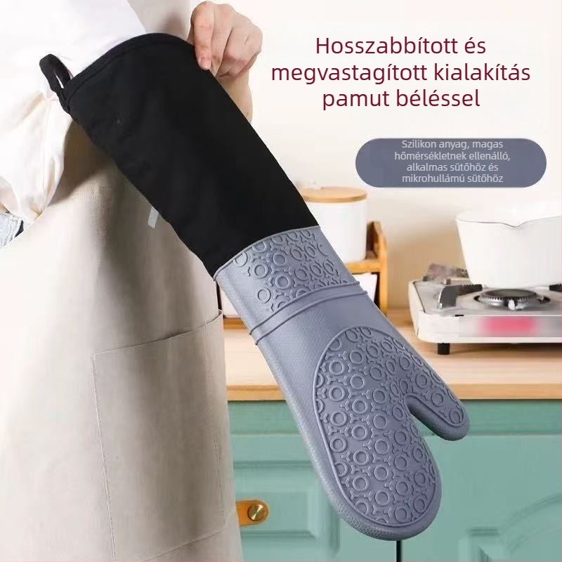Vászon-szilícium hőálló kesztyű 500°C-ig, vízálló, szigetelt, csúszásmentes, hosszú, vastagított védelemmel az égési sérülések ellen.