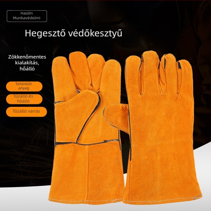 Velúr bőr hegesztő kesztyűk, vastagított, kopásálló, hosszabb mandzsettával