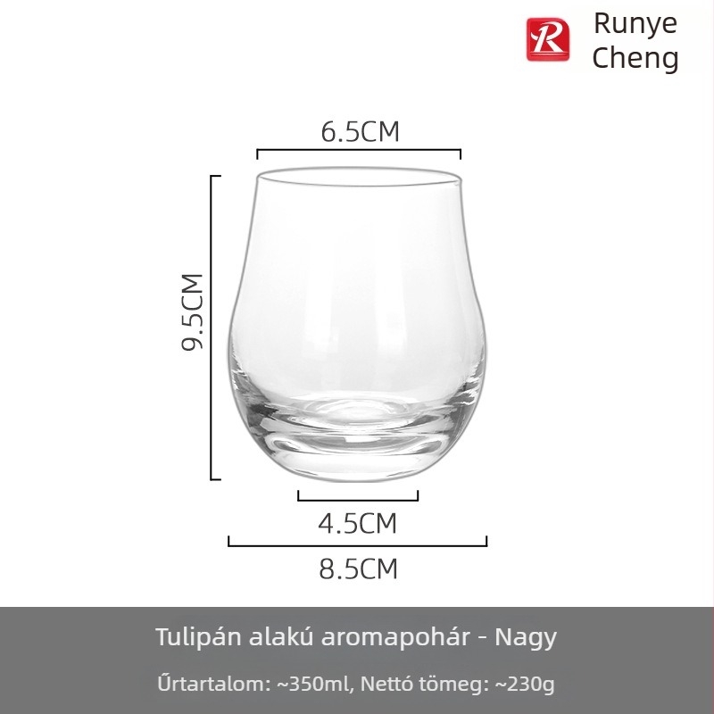 Üvegből készült whisky kóstoló pohár, aromás, japán minimalistikus kagyló alakú, olasz tulipán stílusú pohár