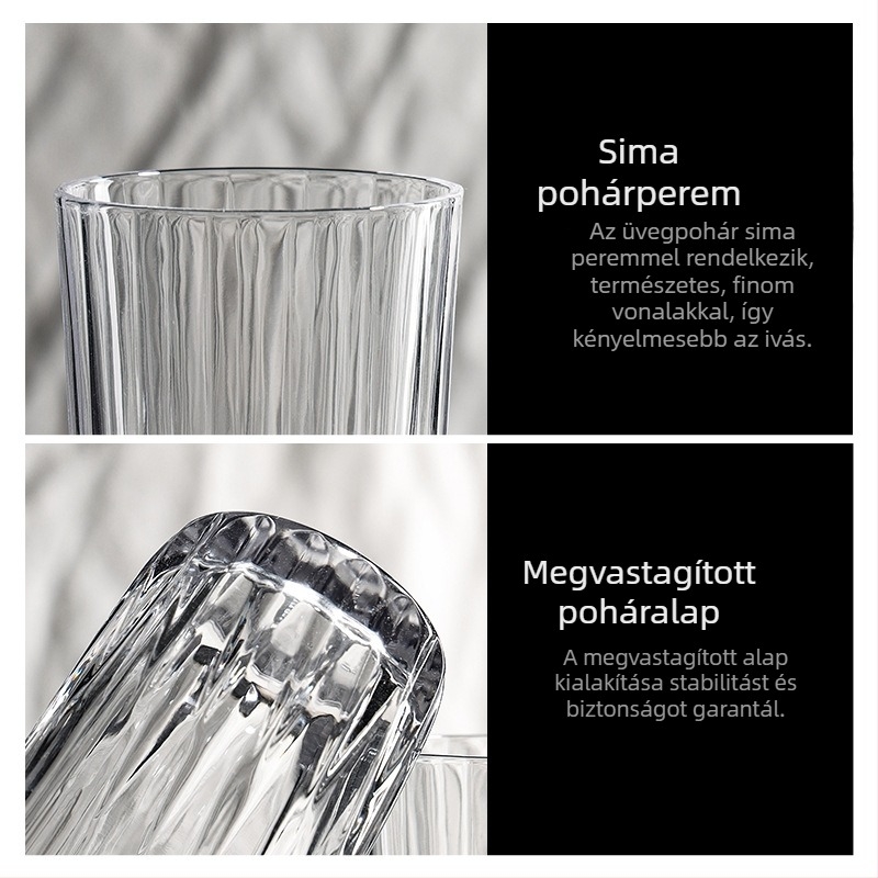 Hőálló üvegpohár egyenes testtel és csíkos, áttetsző kivitelben; teához, tejhez, gyümölcsléhez, kávéhoz vagy borhoz; otthoni reggeli pohár.