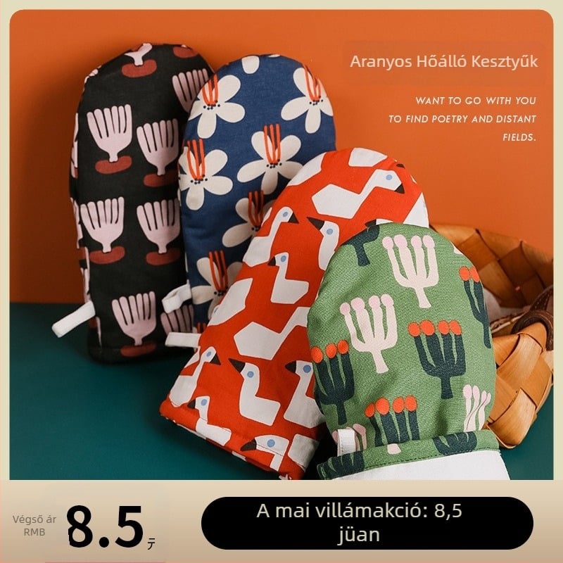 Pamutból készült hőálló kesztyű mikrohullámú sütőhöz, akasztóval, minimalist stílus, aranyos, friss művészi dizájn