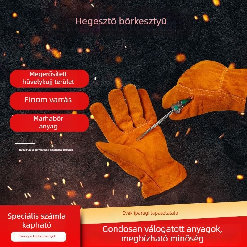 Két réteg marhabőr hegesztő kesztyűk, teljes hosszúak, hőszigetelő és lángálló védelemmel