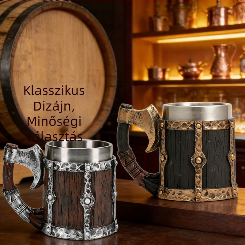 Rozsdamentes acél sörös pohár imitált fa hordó dizájnnal és tomahawk-stílusú fogantyúval, Viking ihletése, 401–500 ml