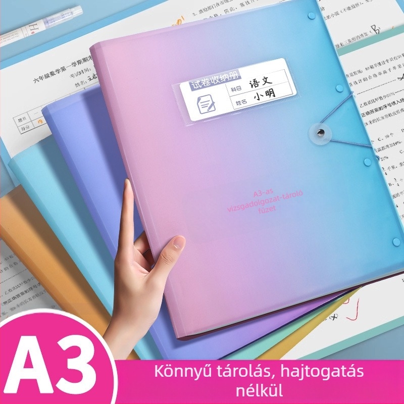 A3 méretű vizsgaanyag-tároló könyv átlátszó betétlapokkal, diákok számára, nagy kapacitású