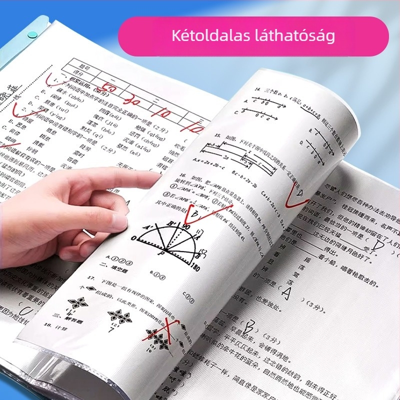 A3 méretű vizsgaanyag-tároló könyv átlátszó betétlapokkal, diákok számára, nagy kapacitású