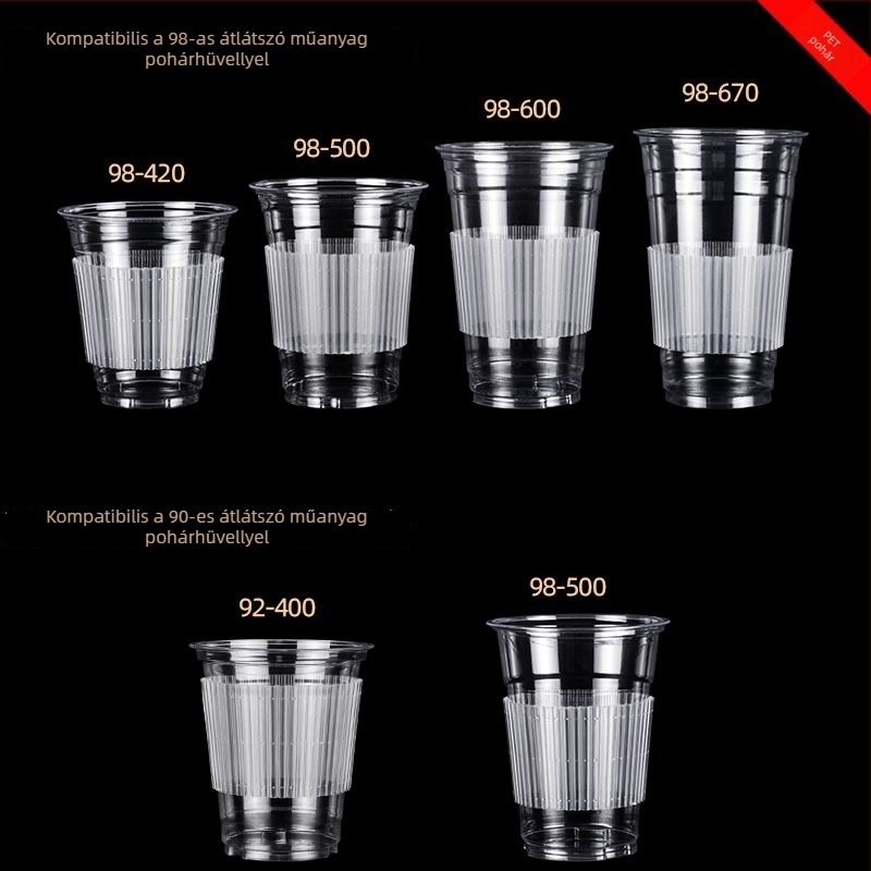 Átlátszó PP műanyag pohárhüvely, 90/98 mm átmérőjű poharakhoz, tej- és kávé italokhoz, csúszásmentes, szigetelt, fagyálló