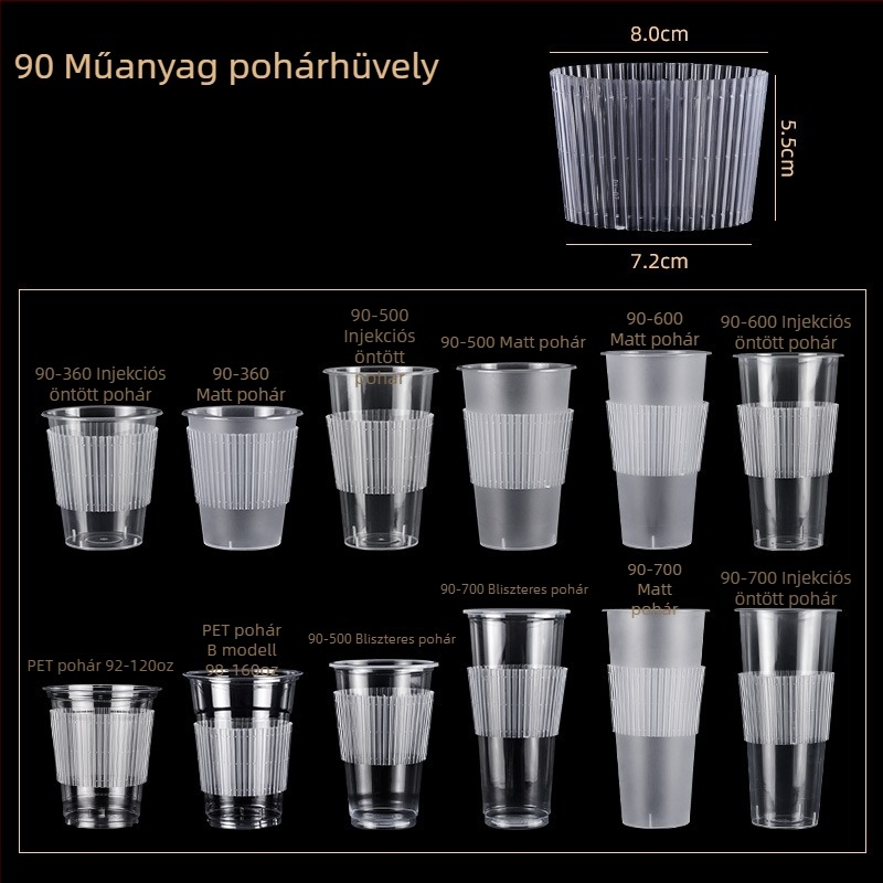 Átlátszó PP műanyag pohárhüvely, 90/98 mm átmérőjű poharakhoz, tej- és kávé italokhoz, csúszásmentes, szigetelt, fagyálló