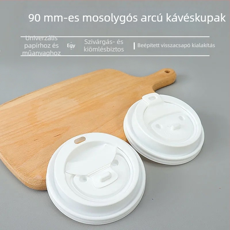 Egyszer használatos kávéfedelet 90 mm-es átmérővel, mosolygós mintával, szivárgásmentes forró italokhoz, elvitelre szánt poharakhoz