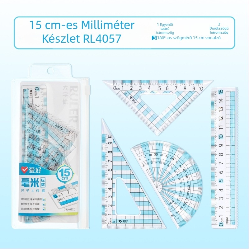 Hobby milliméteres vonalzó készlet, nagy digitális vonalzó, négy darabos készlet 15 cm, 18 cm és 20 cm hosszú vonalzókkal, háromszög alakú vonalzó és szögmérő.