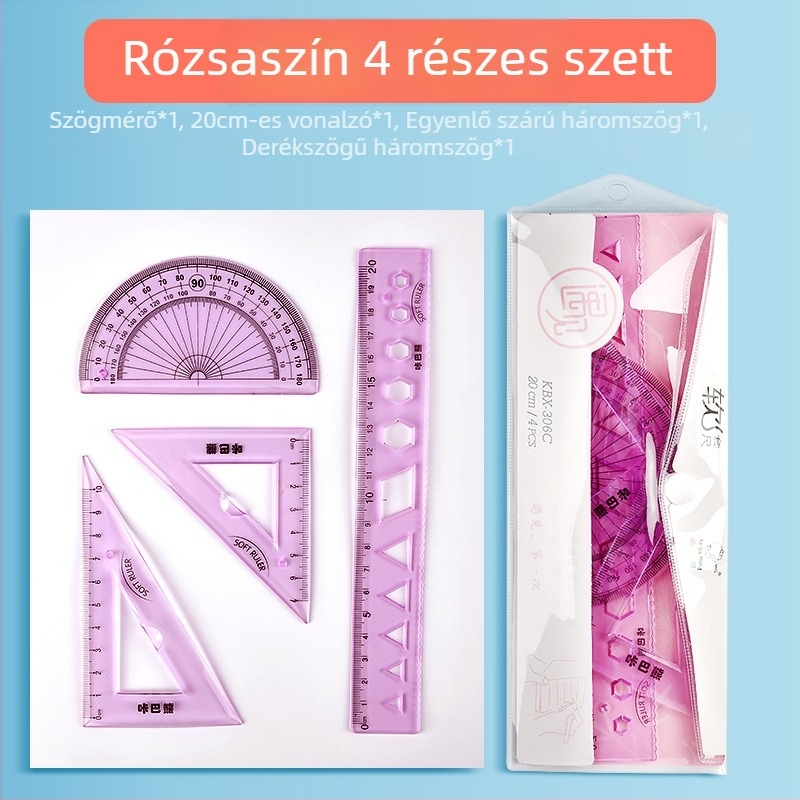 Mesibo Négy részes geometriai eszközkészlet: 20 cm vonalzó, szögmérő, rugalmas vonalzó és háromszög