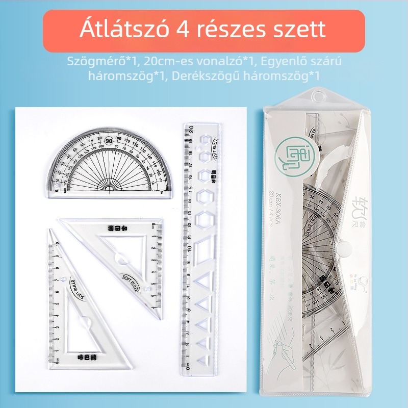 Mesibo Négy részes geometriai eszközkészlet: 20 cm vonalzó, szögmérő, rugalmas vonalzó és háromszög
