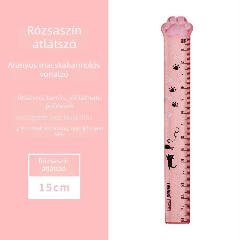 Műanyag vonalzó macska tappancs mintázattal, multifunkcionális, átlátszó, aranyos rajzfilmszerű stílusú általános iskolásoknak