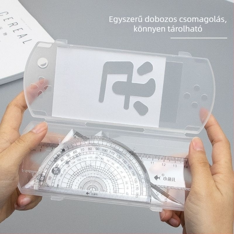 Dobozos 4 darabos acélvonalzó készlet diákoknak: egyenes vonalzó, derékszögű háromszög és szögmérő