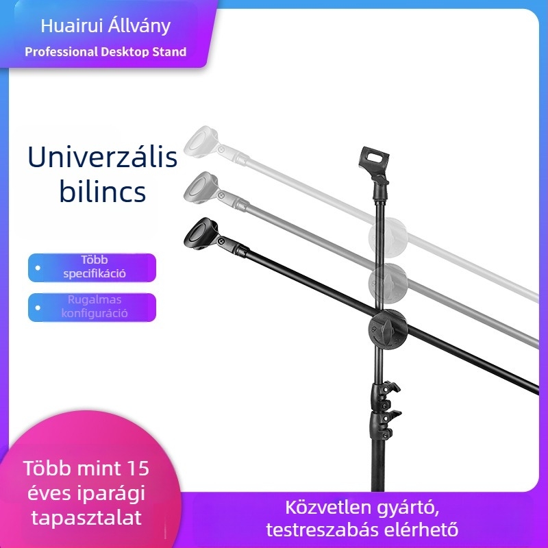 Padlón álló állvány élő közvetítéshez, keresztirányú mikrofon tartóval, műanyag univerzális csiptető, rögzítő lemez és emelő konzol