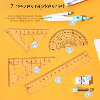 Körző és vonalzó készlet – aranyos háromszögvonalzó és egyenes vonalzó, hét részes iskolai rajzeszköz-készlet