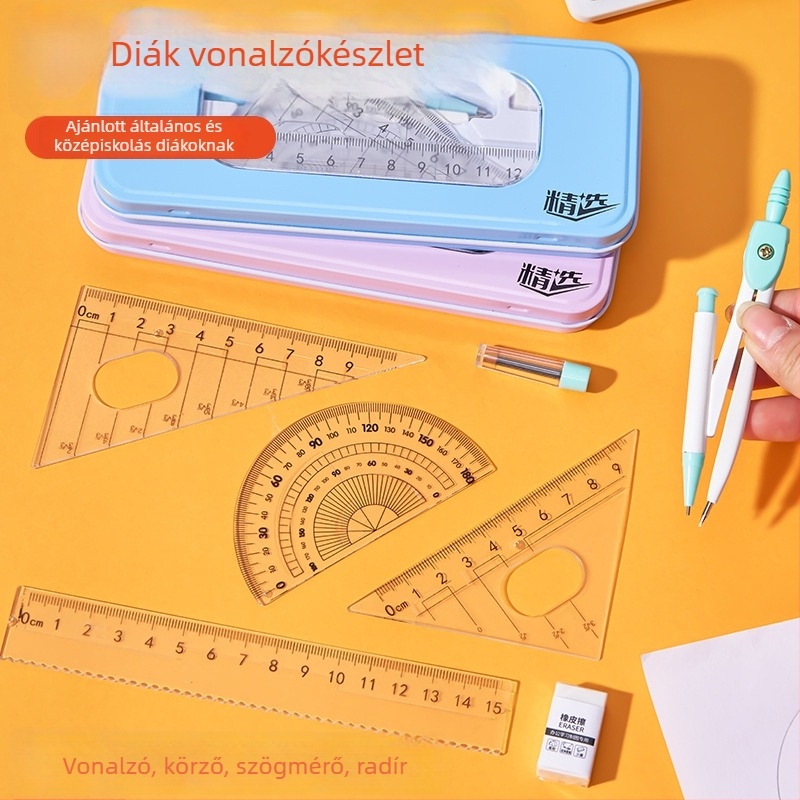 Körző és vonalzó készlet – aranyos háromszögvonalzó és egyenes vonalzó, hét részes iskolai rajzeszköz-készlet