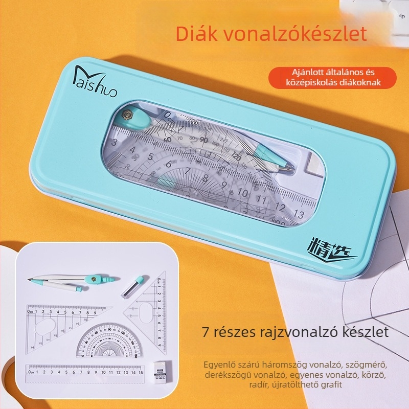 Körző és vonalzó készlet – aranyos háromszögvonalzó és egyenes vonalzó, hét részes iskolai rajzeszköz-készlet