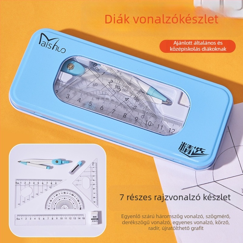 Körző és vonalzó készlet – aranyos háromszögvonalzó és egyenes vonalzó, hét részes iskolai rajzeszköz-készlet